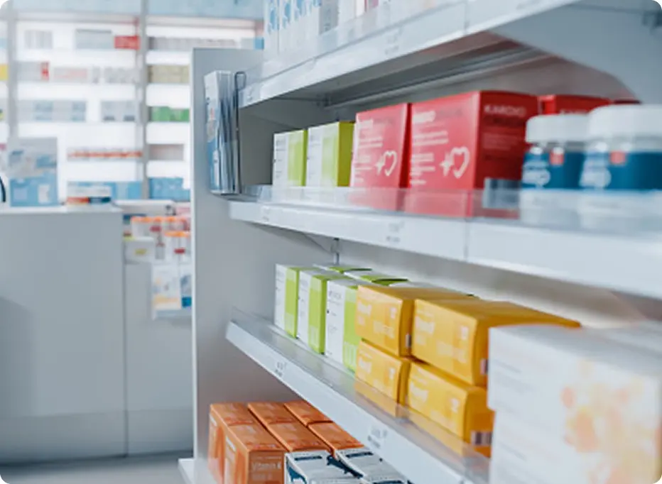 Stocked pharmacy shelves