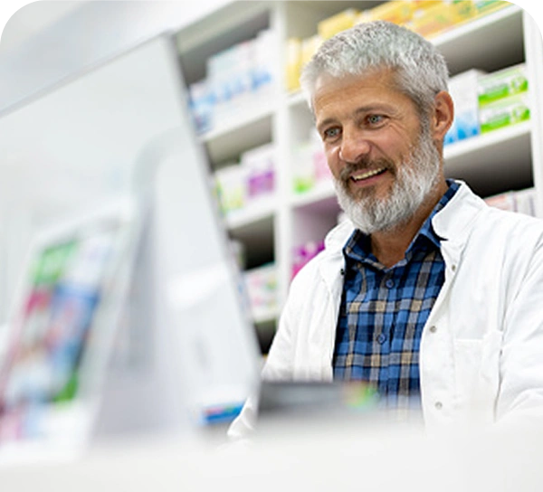 Pharmacist looking at a computer screen