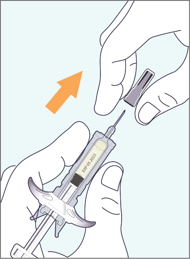 A hand pulling the needle cover off a SELARSDI prefilled syringe