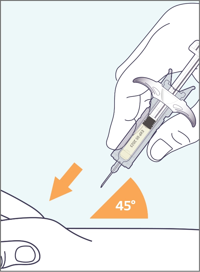 A hand holding the SELARSDI prefilled syringe at a 45 degree angle above pinched skin