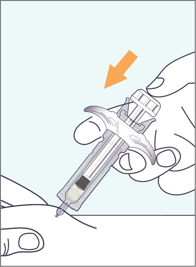 A hand injecting medicine from the SELARSDI prefilled syringe into pinched skin